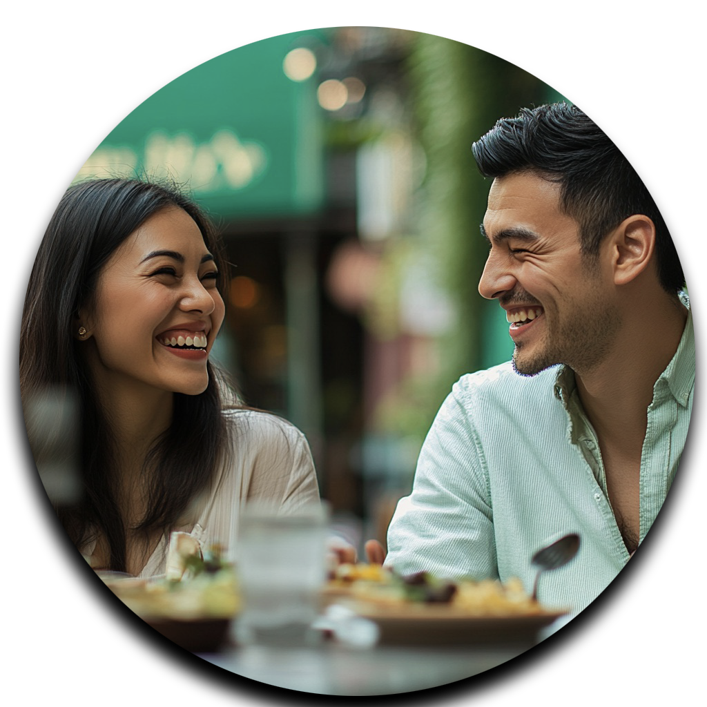 two attractive people eating lunch and laughing